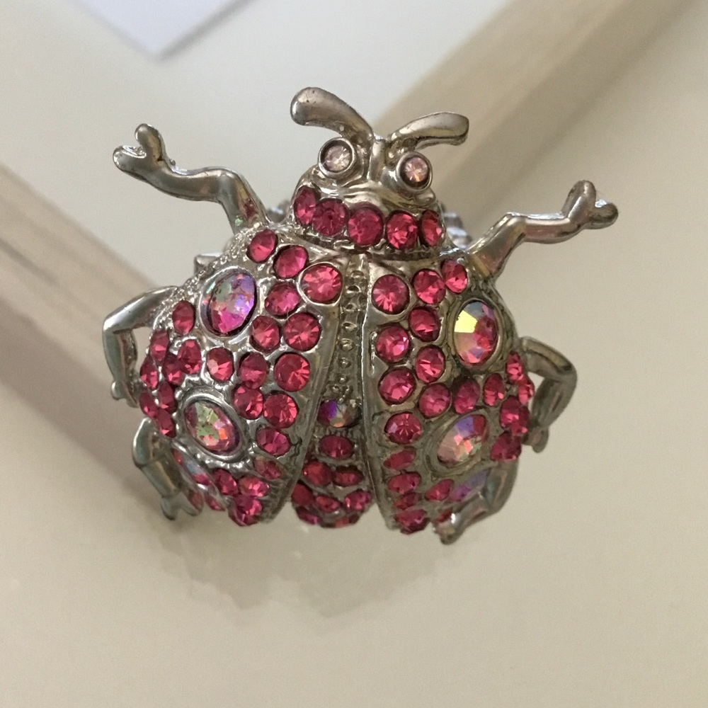 Stretchy pink and silver ladybug ring